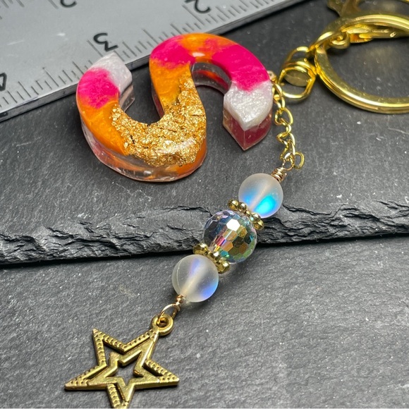 Custom Made Gold, Pink And Orange Letter “S” Keychain with Mermaid Bead Charm - Picture 6 of 7